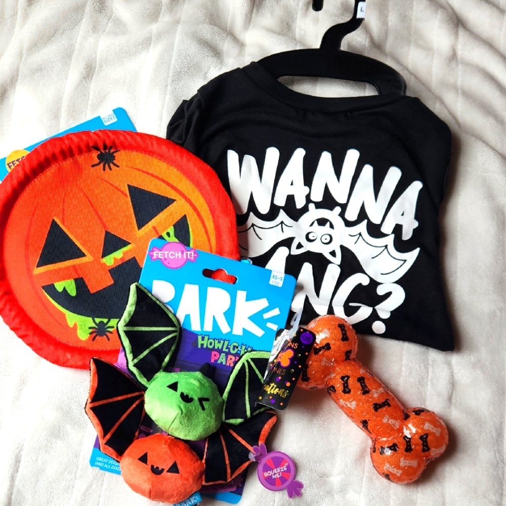 BARK Halloween, Bat sweater Sz L, Dog Squeaky and Fetch Toys